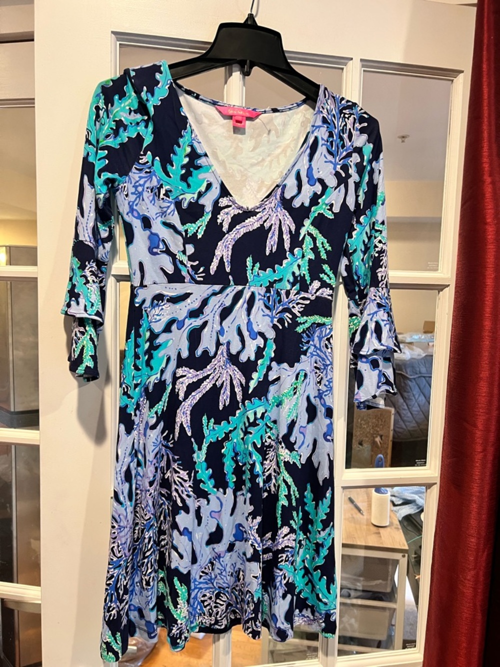 Lilly Pulitzer Navy V‑Neck Long Sleeve Dress with Aqua & Light Blue Print